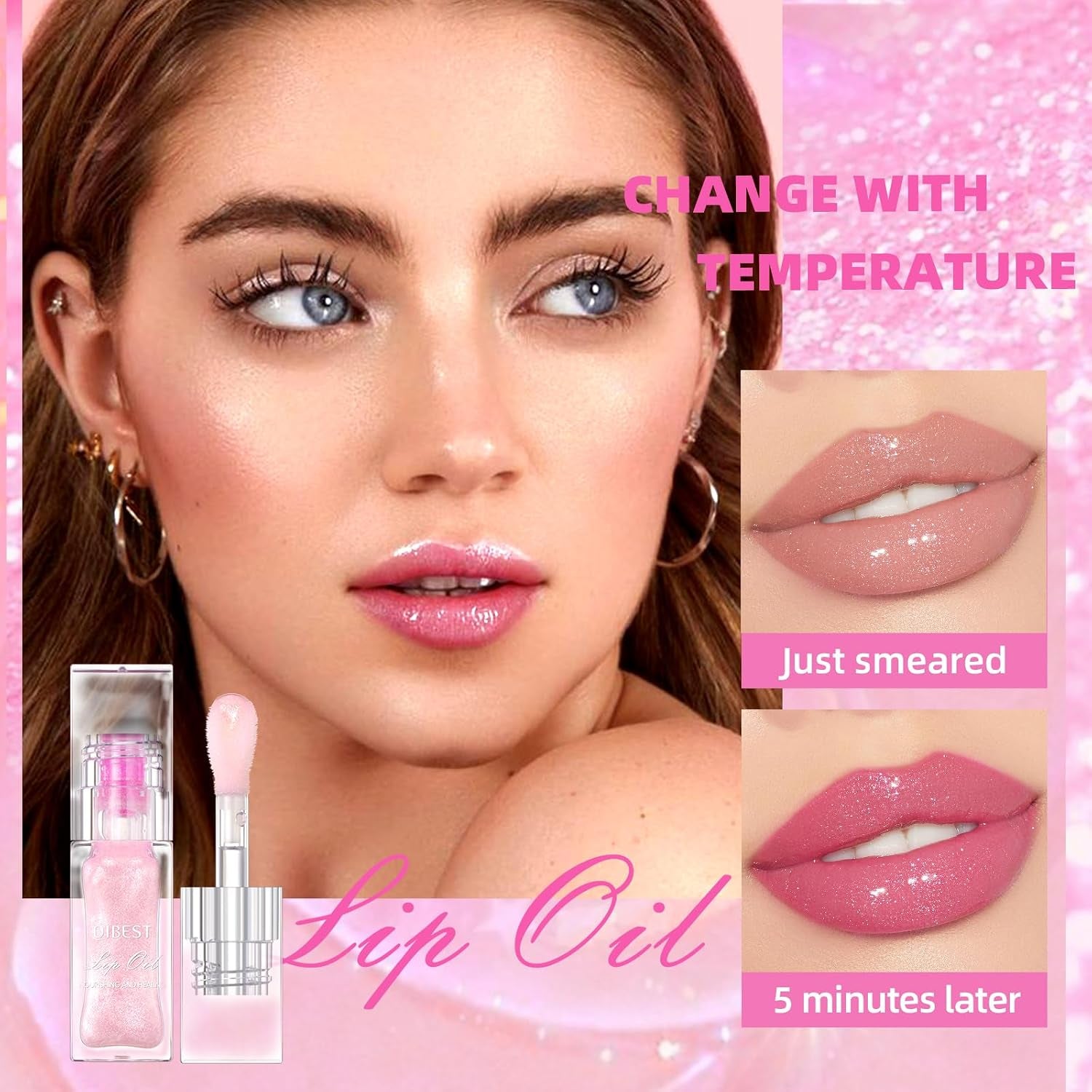 Magic Color Changing Lip Oil, Warm Change Moisturizing, Long Lasting Nourishing Big Brush Lip Gloss (#1)