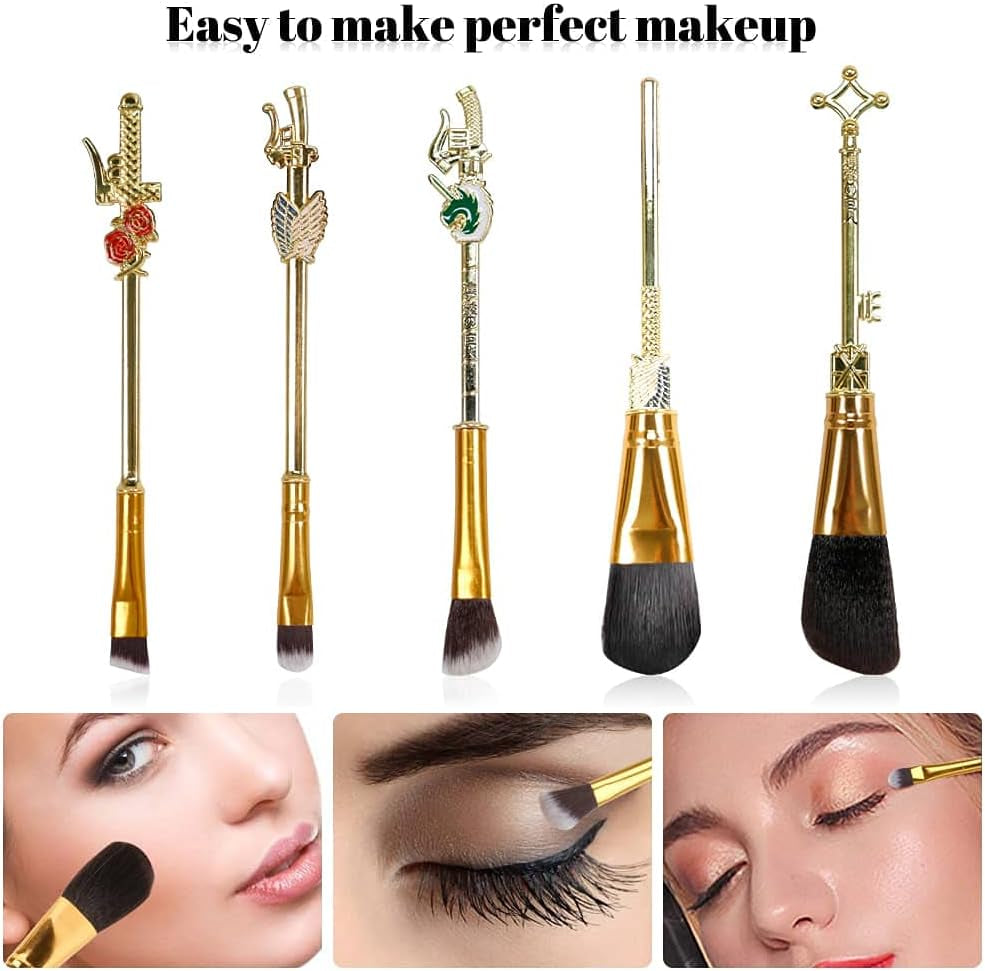 Makeup Brush Set Attack on Titan Anime Collection for Foundation Blush Eyeshadow Face Concealer Eyeliner Contour Powder Liquid Eye, Gift for Girls Women, Attack on Titan Merch, 5 Pcs, Gold