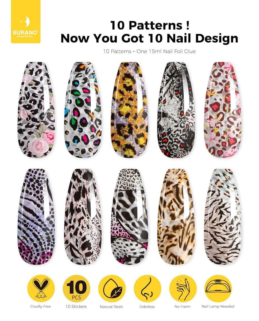 Nail Art Foil Glue Gel (0.5 oz) with 10-Piece Leopard Foil Sticker Set for DIY Nail Design - UV/LED Lamp Required
