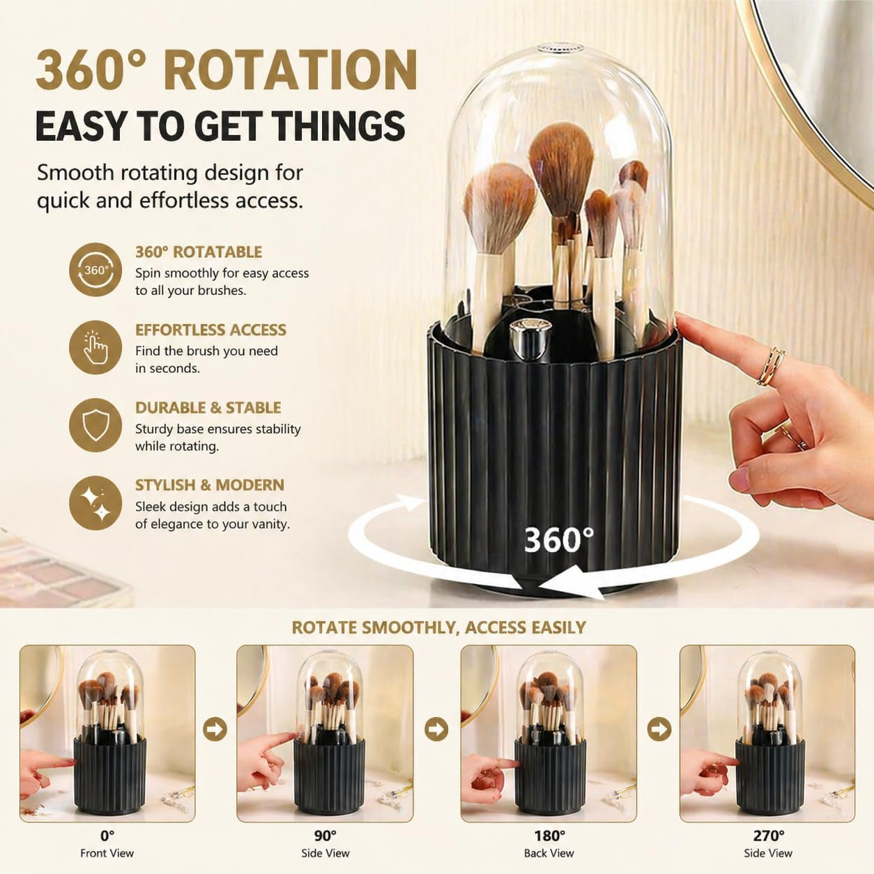 Black Makeup Brush Holder Organizer with Lid 360 Degree Rotatable Spinning Cosmetics Holders Brushes Storage Box for Bathroom Vanity Countertop Black 1005