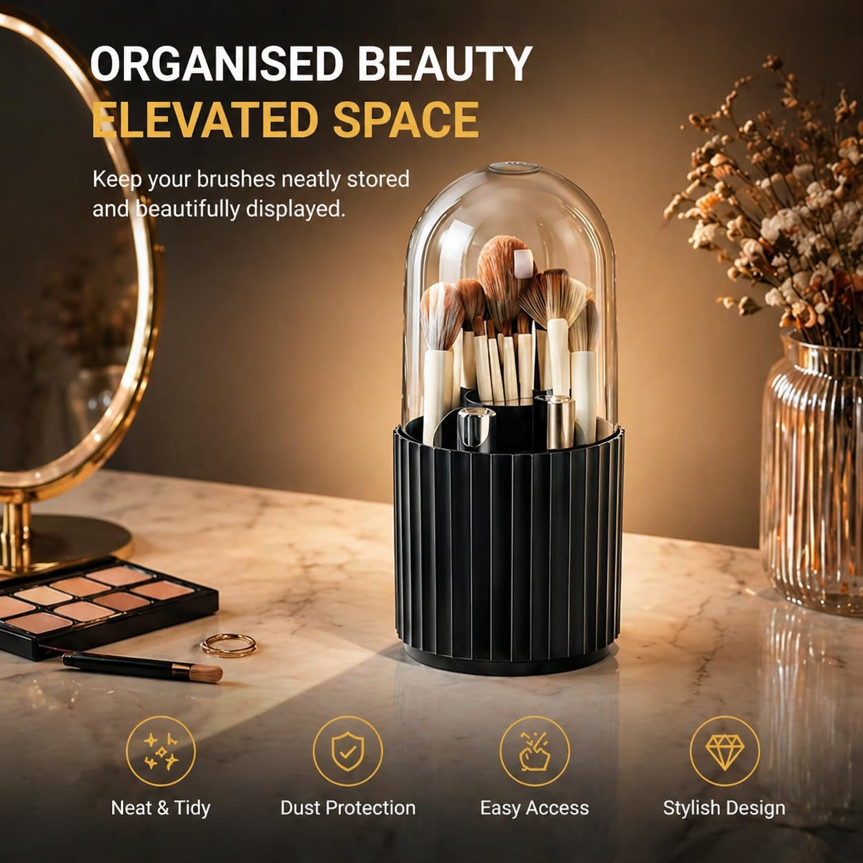 Black Makeup Brush Holder Organizer with Lid 360 Degree Rotatable Spinning Cosmetics Holders Brushes Storage Box for Bathroom Vanity Countertop Black 1005