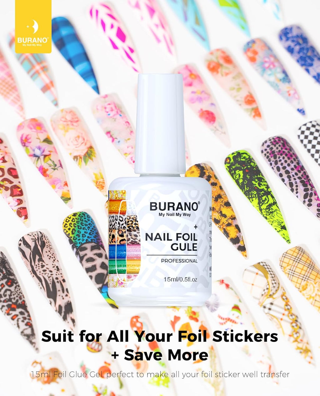 Nail Art Foil Glue Gel (0.5 oz) with 10-Piece Leopard Foil Sticker Set for DIY Nail Design - UV/LED Lamp Required