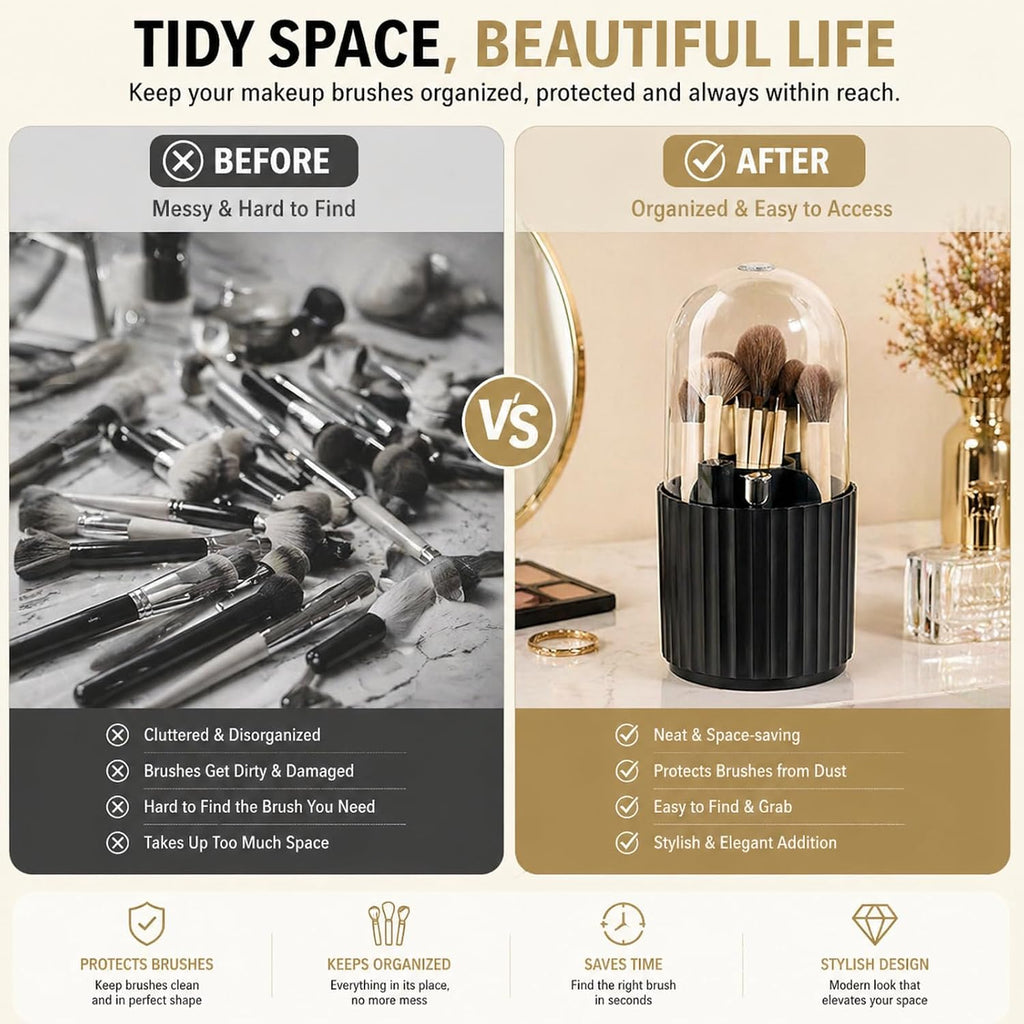 Black Makeup Brush Holder Organizer with Lid 360 Degree Rotatable Spinning Cosmetics Holders Brushes Storage Box for Bathroom Vanity Countertop Black 1005