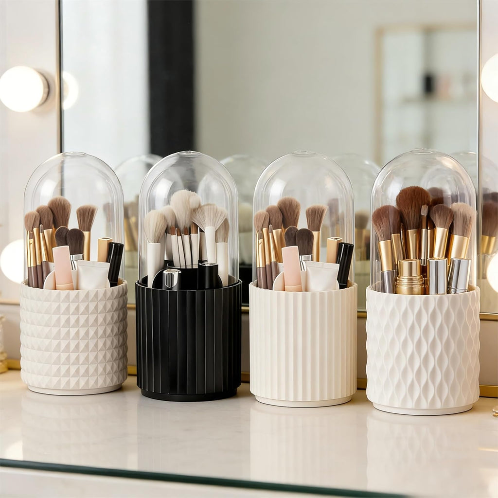 Black Makeup Brush Holder Organizer with Lid 360 Degree Rotatable Spinning Cosmetics Holders Brushes Storage Box for Bathroom Vanity Countertop Black 1005