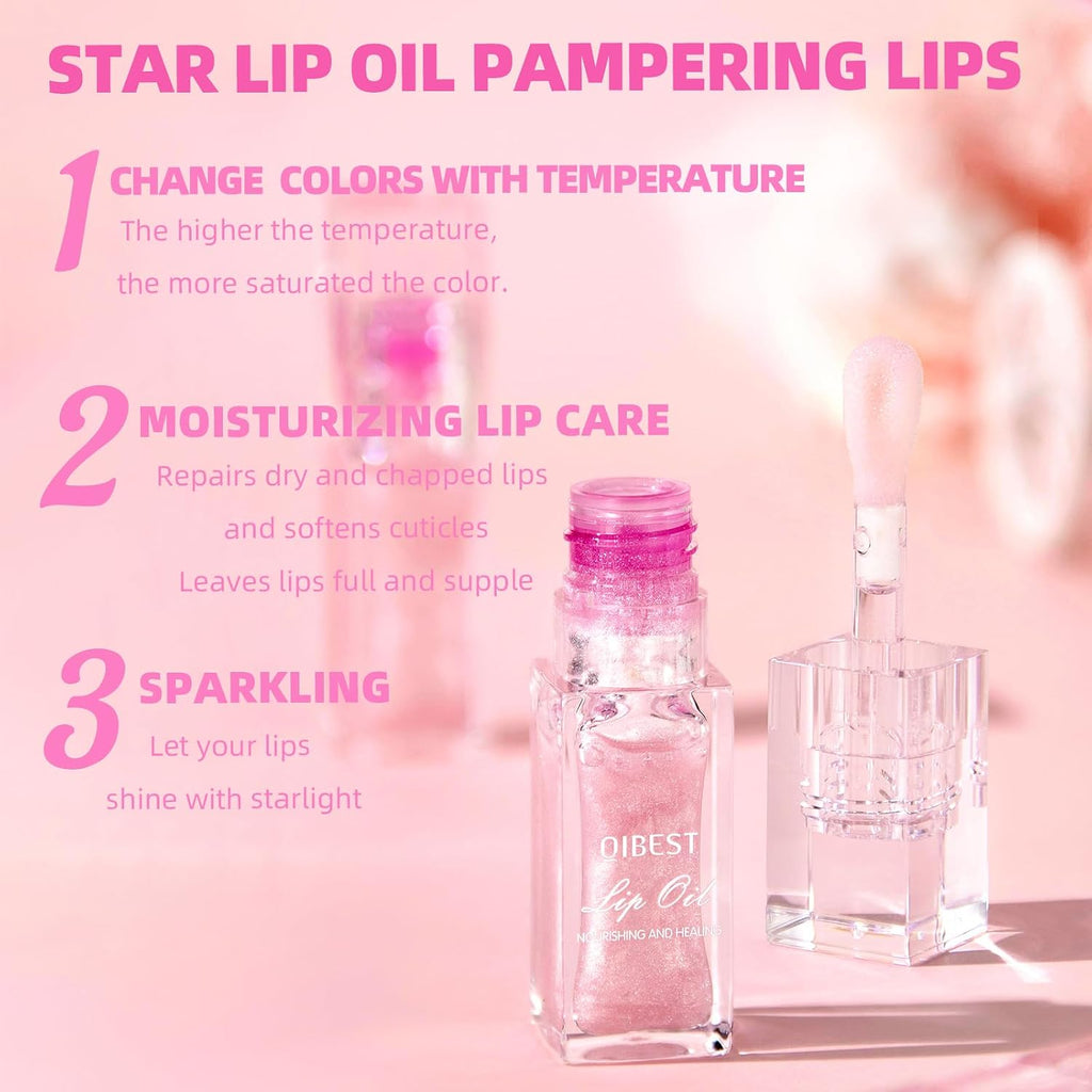Magic Color Changing Lip Oil, Warm Change Moisturizing, Long Lasting Nourishing Big Brush Lip Gloss (#1)