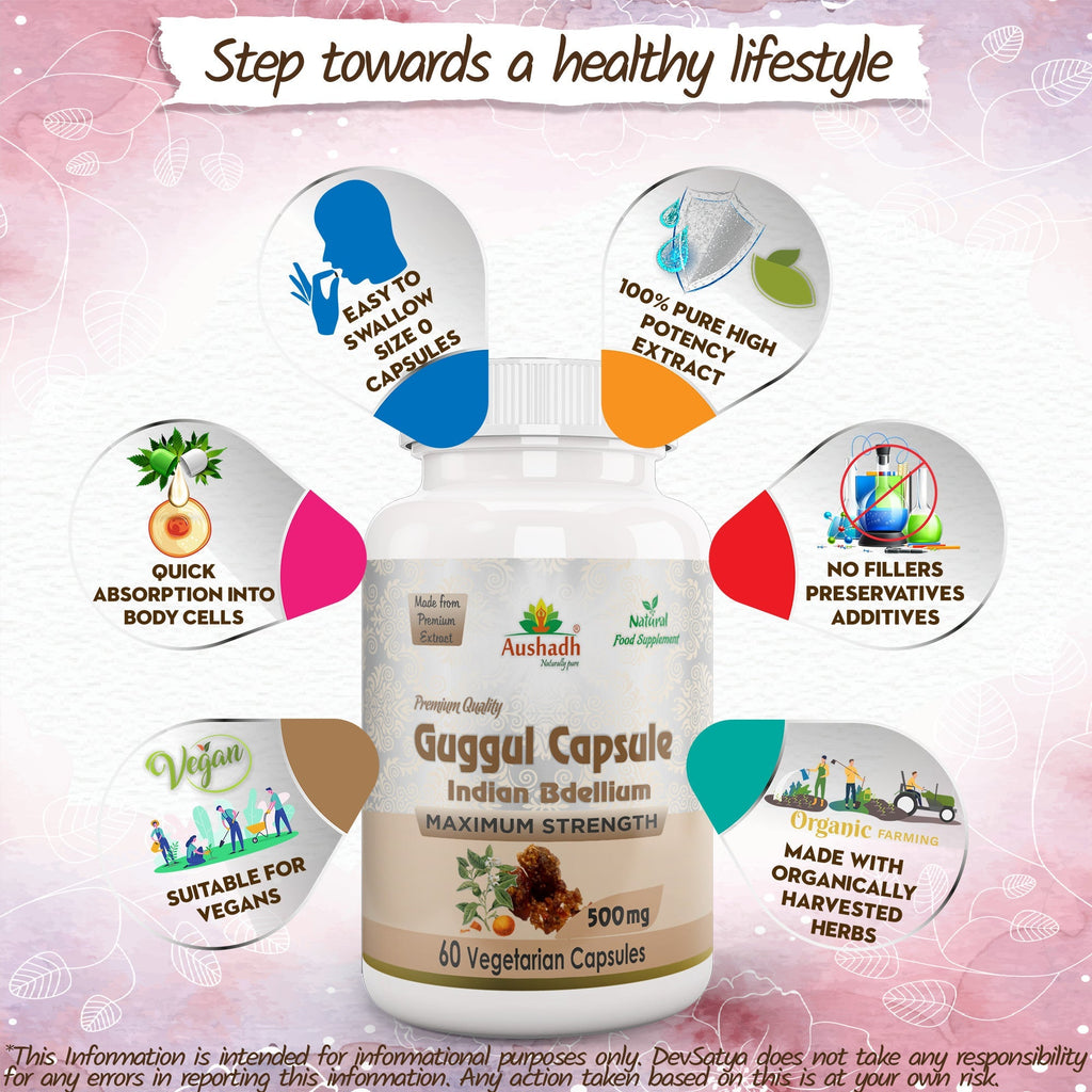 Aushadh Guggul Capsules (Mukul Myrrh) Joint Comfort & Heart Wellness Support - Vegan, Gluten Free, Non-GMO, 60 Capsules