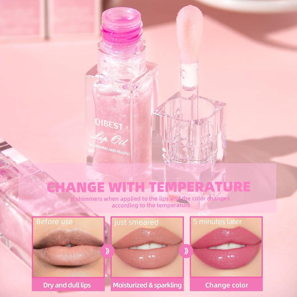 Magic Color Changing Lip Oil, Warm Change Moisturizing, Long Lasting Nourishing Big Brush Lip Gloss (#1)