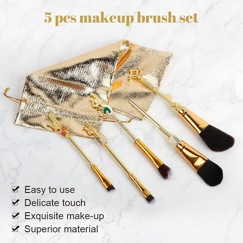 Makeup Brush Set Attack on Titan Anime Collection for Foundation Blush Eyeshadow Face Concealer Eyeliner Contour Powder Liquid Eye, Gift for Girls Women, Attack on Titan Merch, 5 Pcs, Gold