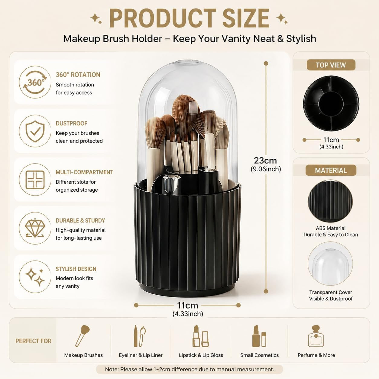 Black Makeup Brush Holder Organizer with Lid 360 Degree Rotatable Spinning Cosmetics Holders Brushes Storage Box for Bathroom Vanity Countertop Black 1005