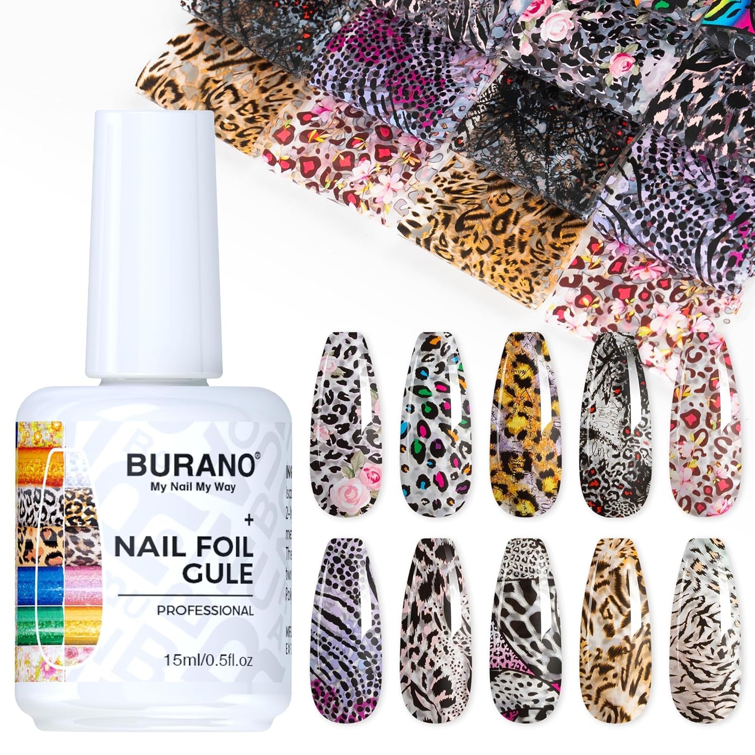 Nail Art Foil Glue Gel (0.5 oz) with 10-Piece Leopard Foil Sticker Set for DIY Nail Design - UV/LED Lamp Required