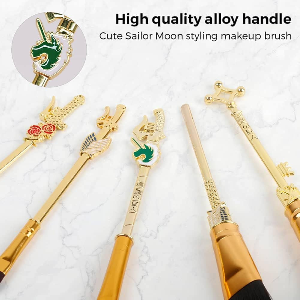 Makeup Brush Set Attack on Titan Anime Collection for Foundation Blush Eyeshadow Face Concealer Eyeliner Contour Powder Liquid Eye, Gift for Girls Women, Attack on Titan Merch, 5 Pcs, Gold