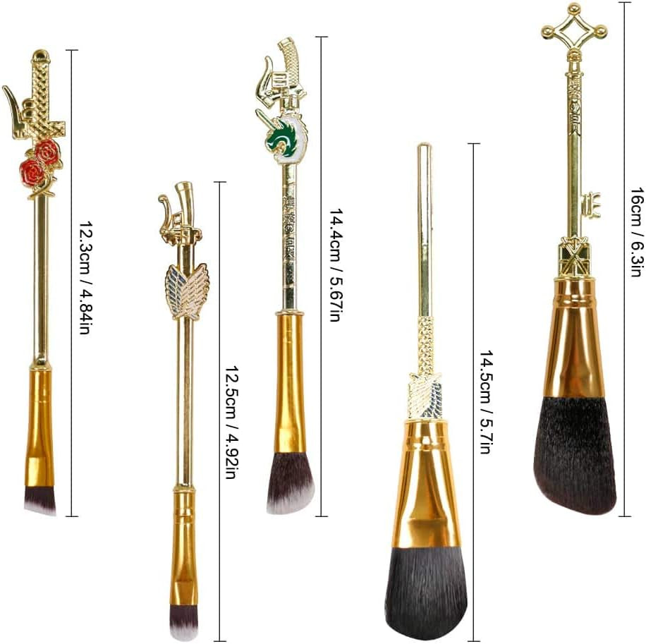 Makeup Brush Set Attack on Titan Anime Collection for Foundation Blush Eyeshadow Face Concealer Eyeliner Contour Powder Liquid Eye, Gift for Girls Women, Attack on Titan Merch, 5 Pcs, Gold
