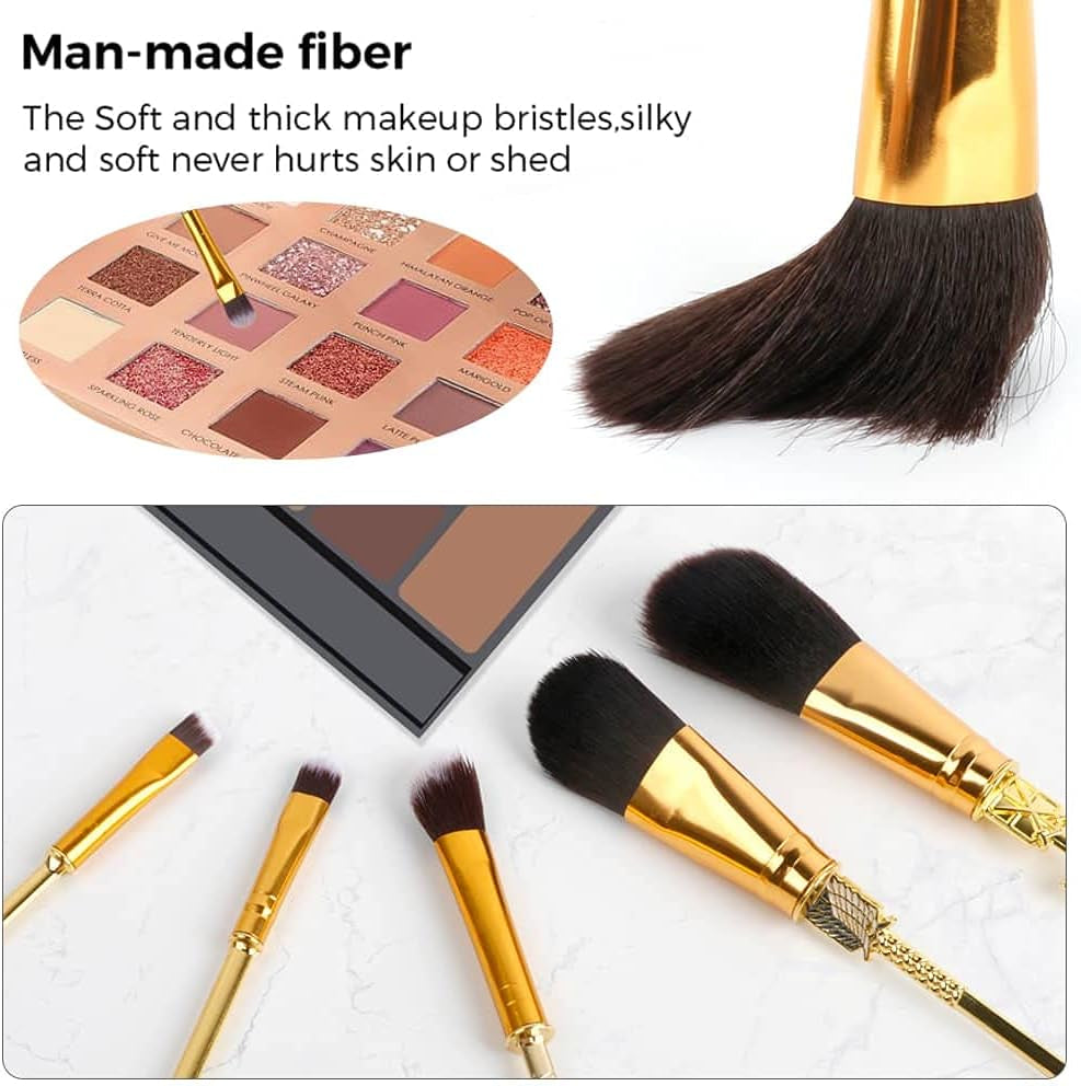 Makeup Brush Set Attack on Titan Anime Collection for Foundation Blush Eyeshadow Face Concealer Eyeliner Contour Powder Liquid Eye, Gift for Girls Women, Attack on Titan Merch, 5 Pcs, Gold